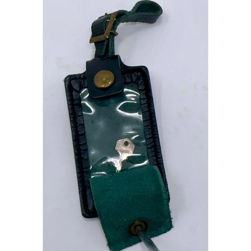RARE Tumi Leather Luggage Name ID Tag Hunter Green Gold  Discontinued Color
